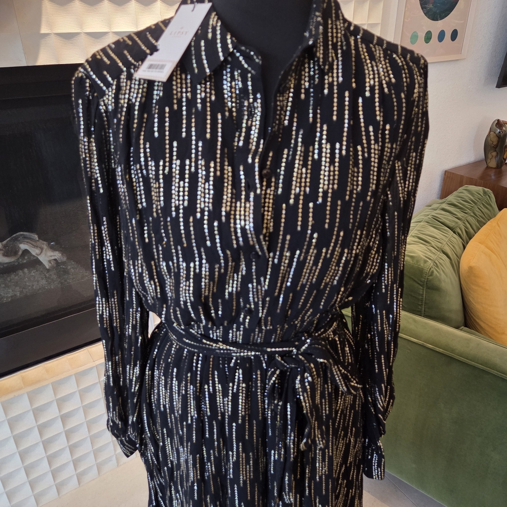 New Lipsy London Metallic Stripe Shirt Dress Black, NWT Gold Silver, Size 6 - Picture 2 of 6